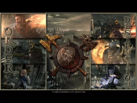 HD PC desktop wallpaper featuring a Warhammer video game theme with a central emblem and scenes depicting Order versus Destruction battles.