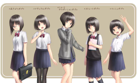 Anime original 2K Quad HD PC desktop wallpaper: five variations of a short-haired schoolgirl in different uniforms and poses against a beige background with handwritten labels.