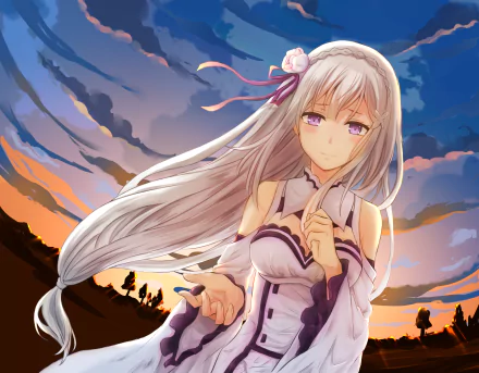 A stunning HD wallpaper featuring Emilia from *Re:ZERO - Starting Life in Another World*, showcasing her elegant figure against a vibrant sunset backdrop.