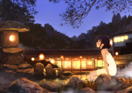 A tranquil anime scene featuring a girl seated by a stone lantern near a serene pond, with warm lights glowing from a distant building under a twilight sky. HD PC desktop wallpaper.
