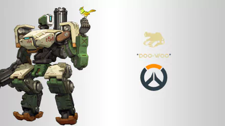 HD PC desktop wallpaper featuring Bastion from the video game Overwatch, standing with a small bird perched on its arm against a clean white background.
