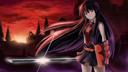 HD wallpaper of Akame from Akame ga Kill!, showcasing her with a long black hairstyle and a sword, set against a dramatic sunset background.