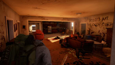 4K Ultra HD PC desktop wallpaper from the video game State of Decay 2, featuring a dimly lit, abandoned room with scattered debris and a backpack in the foreground.