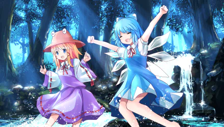 HD PC desktop wallpaper background of Touhou characters Suwako Moriya and Cirno, anime-style, dancing joyfully in a sunlit forest beside a sparkling waterfall.