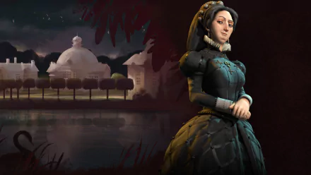 HD PC desktop wallpaper from the Civilization VI video game: Catherine de Medici of France stands poised before a reflective moat, chateau and formal gardens.