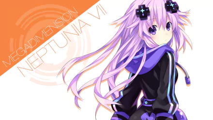 A vibrant HD wallpaper featuring Neptune from Hyperdimension Neptunia, showcasing her signature pink hair and purple eyes, with a stylish black outfit and a dynamic pose.
