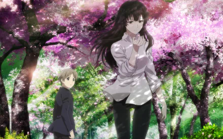 HD PC desktop wallpaper featuring Sakurako Kujou and a boy from the anime Beautiful Bones: Sakurako's Investigation, set against vibrant cherry blossom trees.