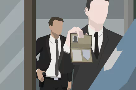 Stylized 4K Ultra HD PC desktop wallpaper for the video game This Is the Police: two suited detectives in a dim office, one showing a badge while the other reaches for a holstered gun.