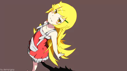 A vibrant 4K Ultra HD desktop wallpaper featuring Shinobu Oshino from the Monogatari series, showcasing her playful demeanor with striking yellow hair and a cute outfit.