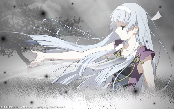HD PC desktop wallpaper/background of Nagi from the anime Kannagi: Crazy Shrine Maidens — silver-haired shrine maiden in flowing robes reaching out across a misty monochrome field.