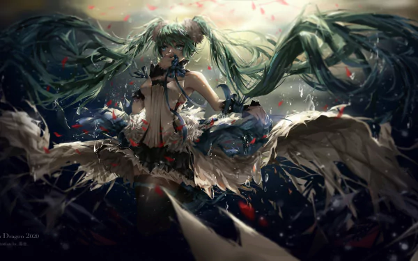 Hatsune Miku, a Vocaloid character with long hair, is depicted in a vibrant, dynamic pose surrounded by petals, set against a dramatic background in this 4K Ultra HD anime wallpaper.