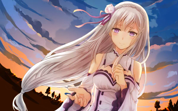 A stunning HD wallpaper featuring Emilia from *Re:ZERO - Starting Life in Another World*, showcasing her elegant figure against a vibrant sunset backdrop.