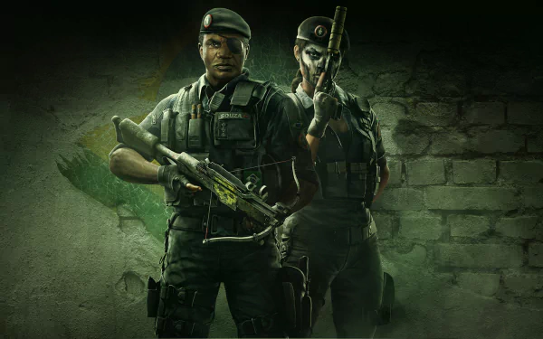 HD desktop wallpaper of Operation Skull Rain from Tom Clancy's Rainbow Six: Siege, featuring two armed characters against a gritty brick wall background.