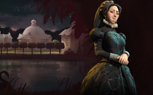 HD PC desktop wallpaper from the Civilization VI video game: Catherine de Medici of France stands poised before a reflective moat, chateau and formal gardens.