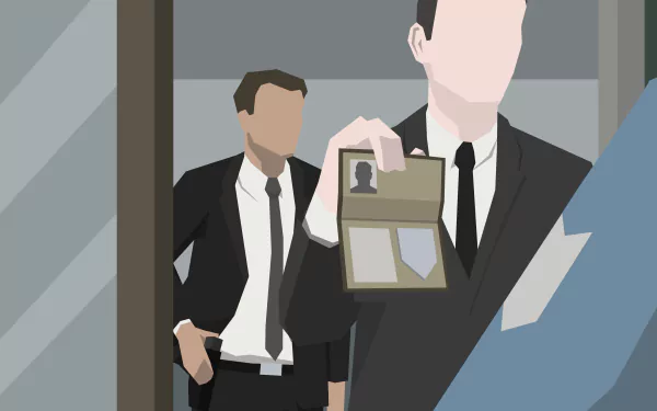 Stylized 4K Ultra HD PC desktop wallpaper for the video game This Is the Police: two suited detectives in a dim office, one showing a badge while the other reaches for a holstered gun.