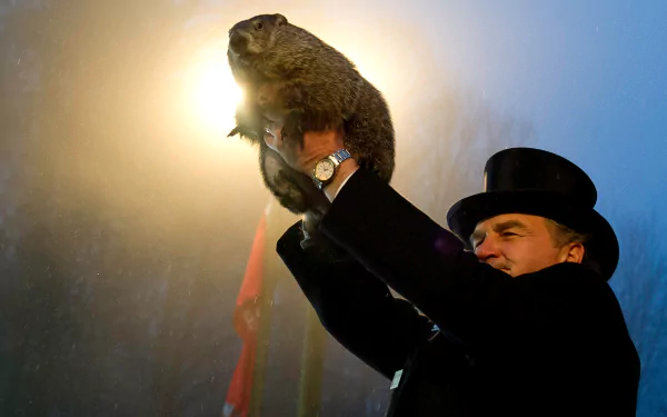  Groundhog handler John Griffiths holds Punxsutawney Phil aloft