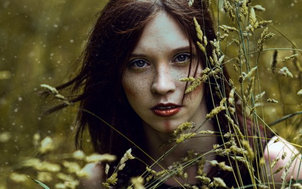 Women Face Model Brunette Lipstick Freckles Blue Eyes HD Wallpaper | Background Image