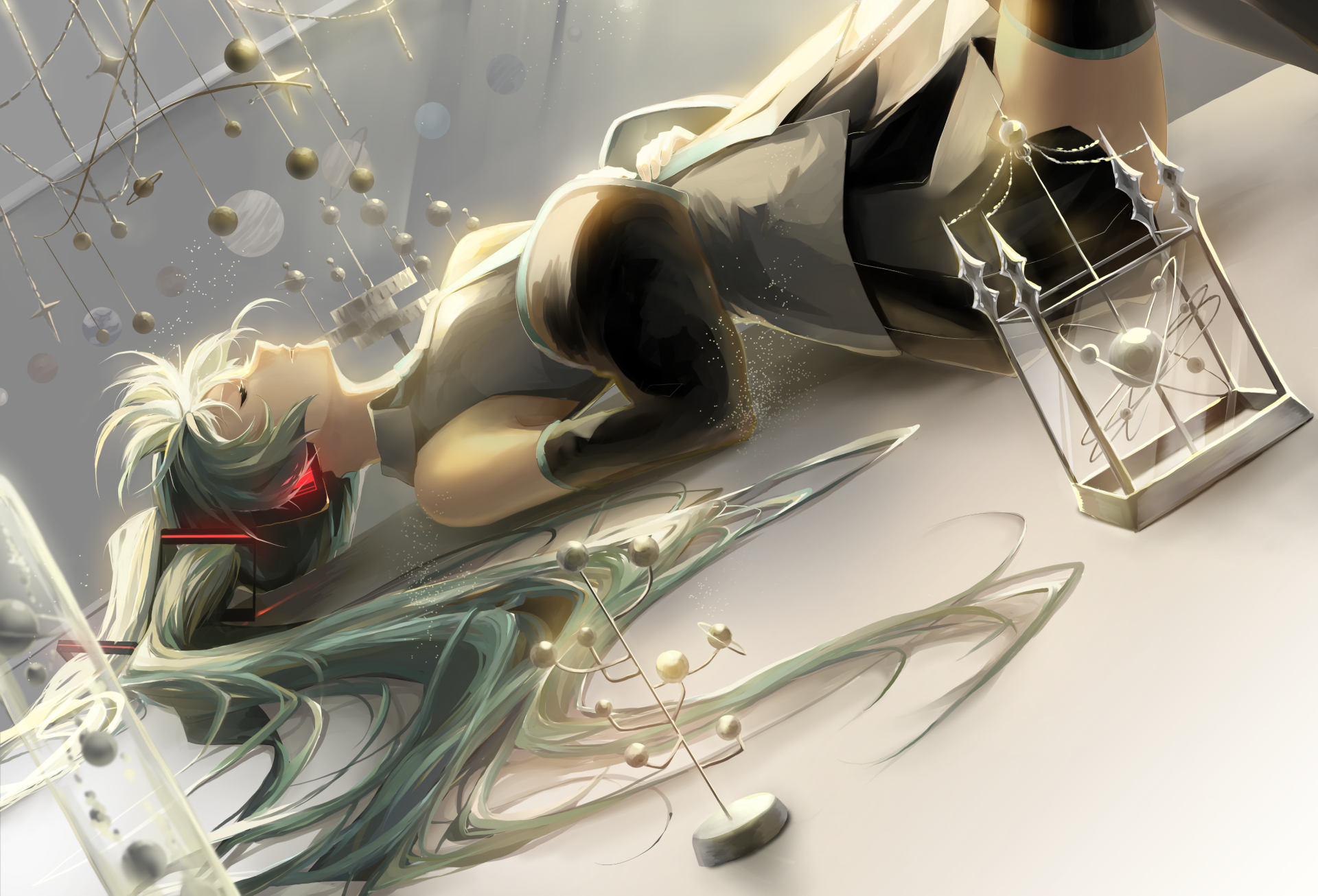 A stunning HD anime wallpaper featuring a Vocaloid character in a serene pose, surrounded by delicate geometric shapes and soft lighting, creating a captivating digital atmosphere.