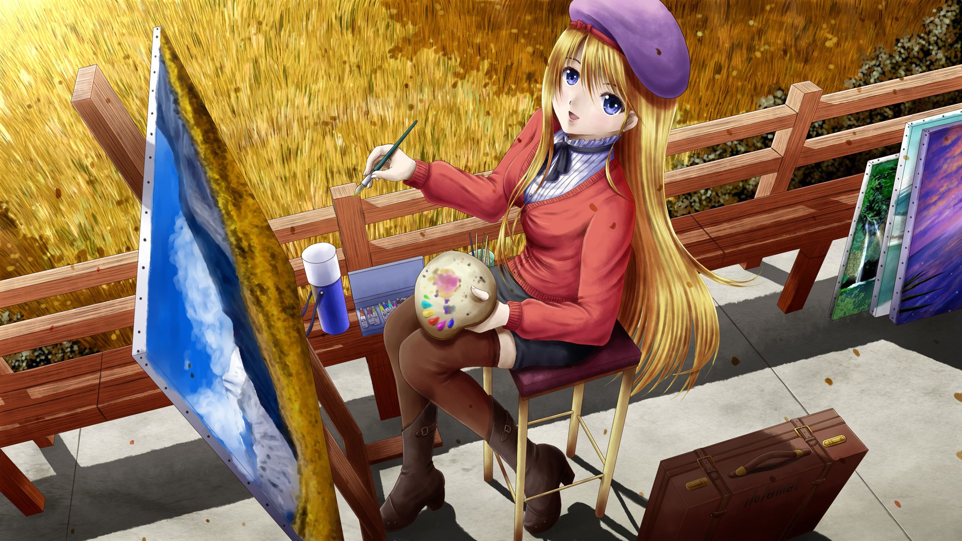 A captivating anime scene featuring a girl painting outdoors, surrounded by vibrant fields, showcasing her artistic talent. This HD artwork serves as a stunning desktop wallpaper and background.