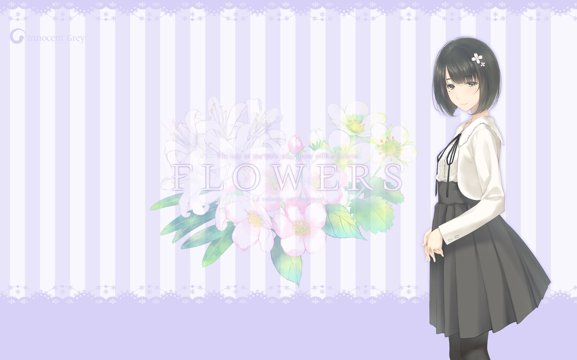 HD anime desktop wallpaper of a short black‑haired girl in a school uniform beside pastel watercolor flowers and the word FLOWERS; tag Ringo Sasaki.