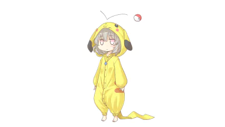 Anime-style crossover HD wallpaper featuring Nazrin from Touhou wearing a Pikachu onesie, with a Poké Ball floating nearby, blending Touhou and Pokémon themes.