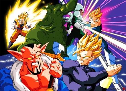 Vibrant HD wallpaper featuring Goku, Vegeta, Gohan, Yakon, Pui Pui, and Dabura from Dragon Ball Z, showcasing an intense battle scene with dynamic colors and action.