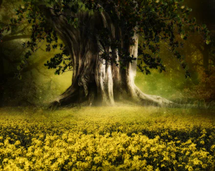 HD desktop wallpaper featuring a majestic tree surrounded by a vibrant field of yellow canola flowers, creating an artistic and serene natural scene.