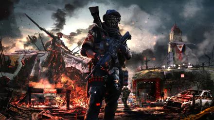 A soldier in futuristic armor stands amidst a post-apocalyptic landscape, wielding a weapon with destruction surrounding him. This high-definition image captures a sci-fi battle scene.