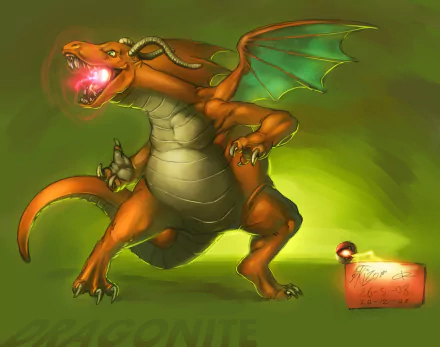 HD PC desktop wallpaper featuring Dragonite from the Pokémon anime, depicted with glowing eyes and an intense stance against a green background.