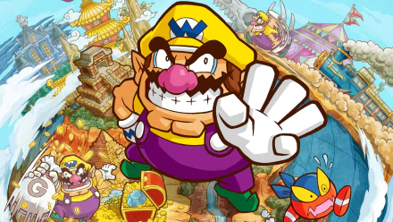 HD PC desktop wallpaper featuring Wario from the video game Wario Land: Shake It! with a vibrant, colorful background of a whimsical adventure world.