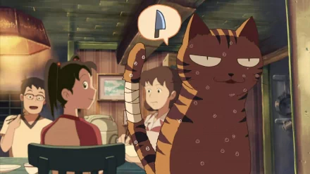 Anime scene from ani-kuri 15 featuring a large, serious cat with a knife symbol above its head, set as an HD PC desktop wallpaper and background.
