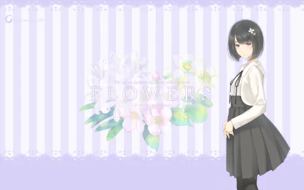 HD anime desktop wallpaper of a short black‑haired girl in a school uniform beside pastel watercolor flowers and the word FLOWERS; tag Ringo Sasaki.