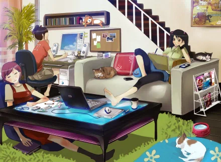 HD PC desktop wallpaper of a girls' hostel room scene featuring hidden objects, with two girls, cats, and video game elements integrated naturally in the cozy setting.