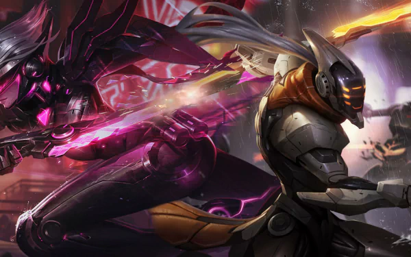 An action-packed HD wallpaper featuring Master Yi and Fiora from League of Legends, showcasing their intense battle with vibrant colors and dynamic poses.
