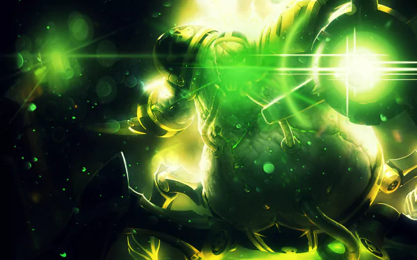 HD PC desktop wallpaper featuring Urgot, the mechanical champion from the video game League of Legends, glowing with vibrant green light effects.