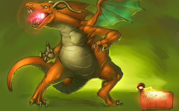 HD PC desktop wallpaper featuring Dragonite from the Pokémon anime, depicted with glowing eyes and an intense stance against a green background.