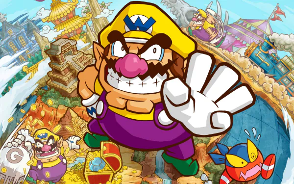 HD PC desktop wallpaper featuring Wario from the video game Wario Land: Shake It! with a vibrant, colorful background of a whimsical adventure world.