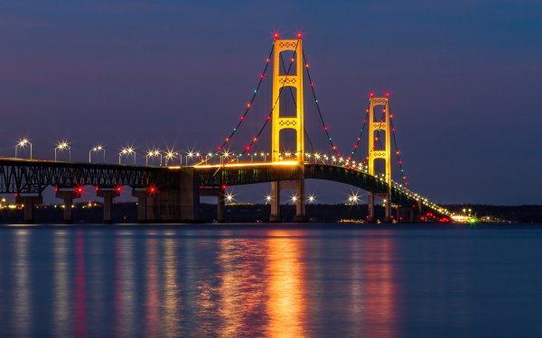 Man Made Bridge Bridges USA Mackinac Bridge Michigan River Night Light Mackinaw City HD Wallpaper | Background Image