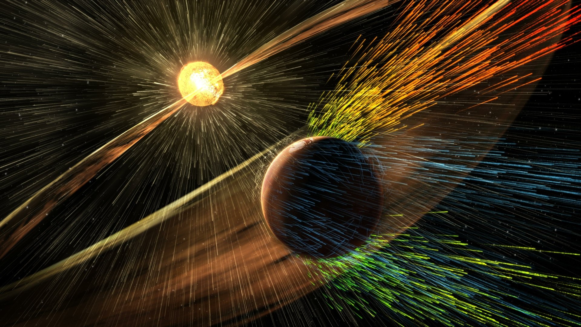 Sci-fi HD desktop wallpaper of a planet in space illuminated by vivid sunbeams with vibrant colors and streaks of light emanating from the sun, creating a dynamic cosmic scene.