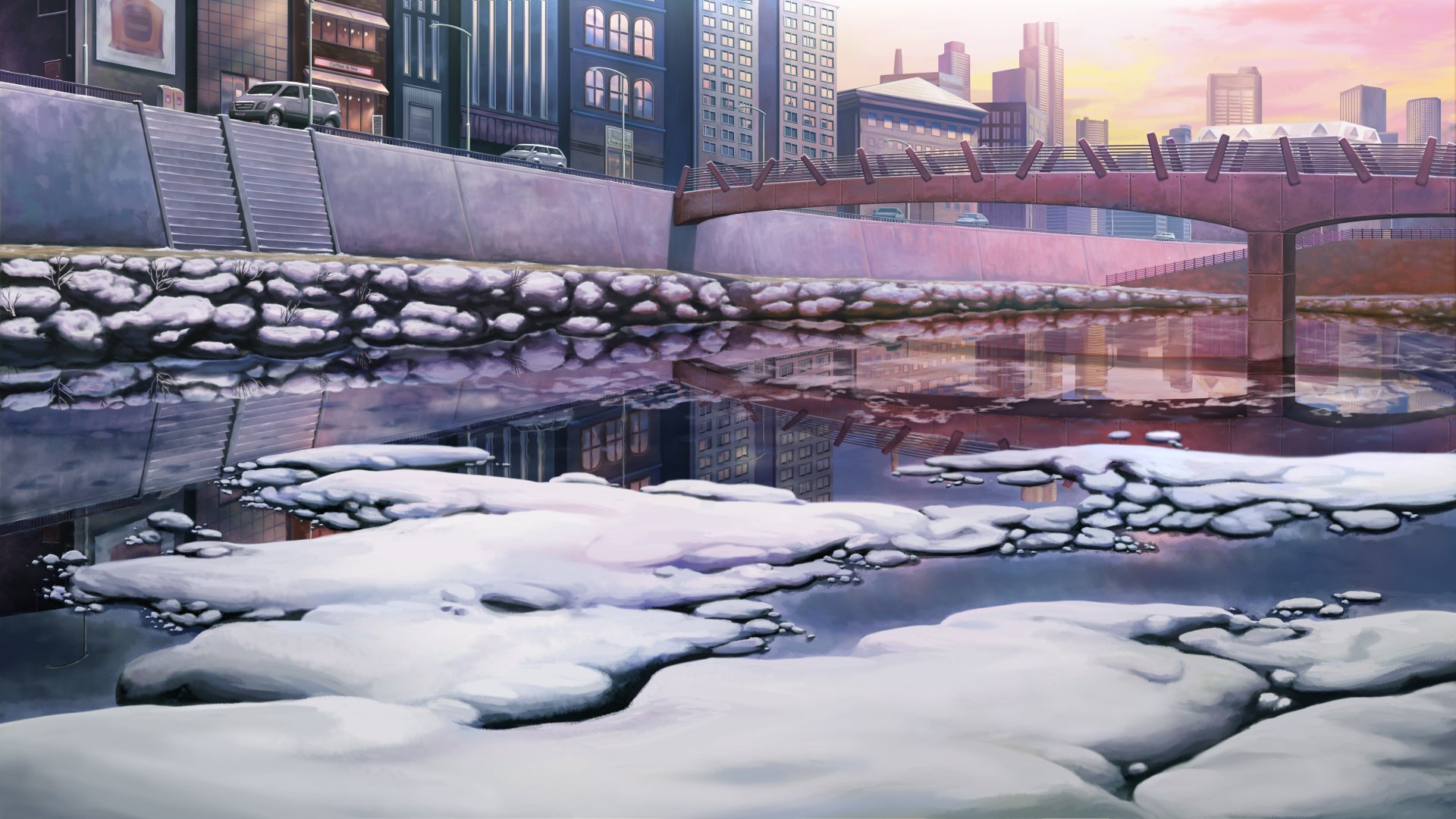 A serene anime-inspired HD desktop wallpaper featuring a cityscape with a reflective river and ice patches, capturing the beauty of a tranquil urban environment.
