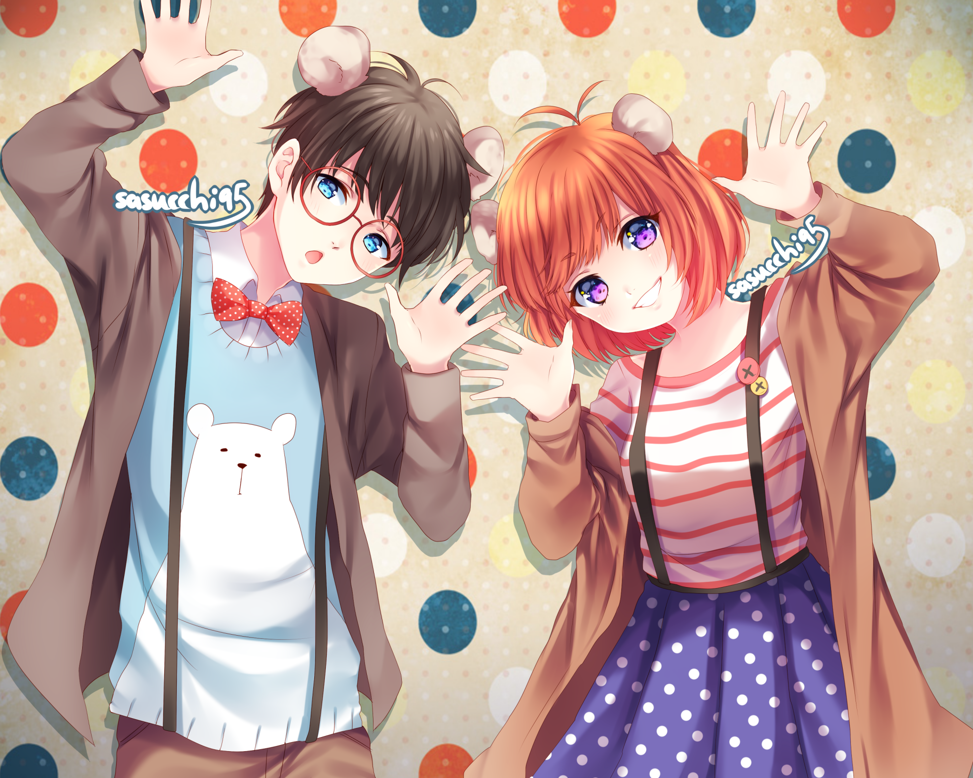 A colorful anime-style HD desktop wallpaper featuring two characters with playful expressions, surrounded by a polka dot background, showcasing an original design.