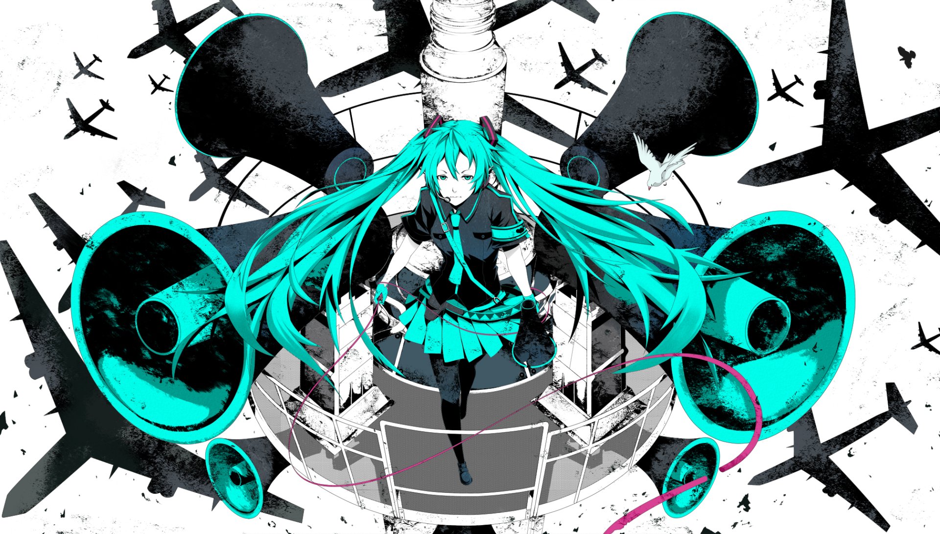 HD PC desktop wallpaper: anime Vocaloid Hatsune Miku (Love is War) — teal twin‑tails on a platform amid oversized megaphones and stark black-and-white graphics.