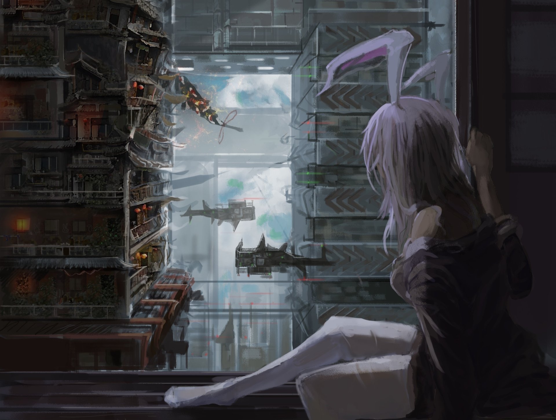 A character with animal ears gazes out a window at a futuristic cityscape filled with vehicles and buildings, inspired by Reisen Udongein Inaba from the anime Touhou.