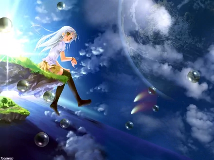 A serene anime girl with white hair sits on a cliff, gazing at a vibrant sky filled with clouds and bubbles, with a distant planet adding to the dreamlike atmosphere.
