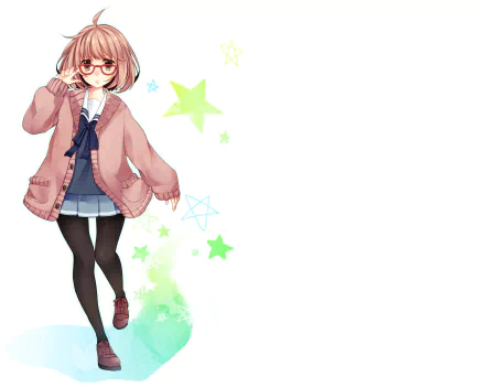 A vibrant 4K Ultra HD wallpaper featuring Mirai Kuriyama from the anime Beyond the Boundary, showcasing her playful pose amidst colorful stars.