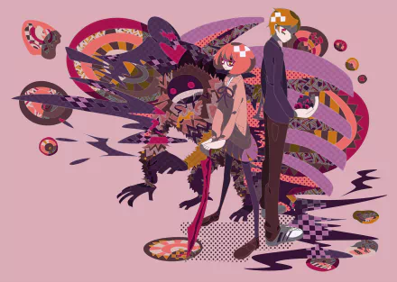 HD PC desktop wallpaper featuring Akihito Kanbara and Mirai Kuriyama from the anime Beyond the Boundary, showcasing dynamic poses and vibrant stylized elements.