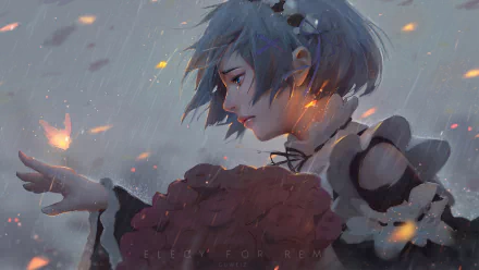 HD desktop wallpaper featuring Rem from Re:Zero - Starting Life in Another World. She has blue hair, blue eyes, and short hair, looking pensive in a moody, rainy scene with a soft glow of light.