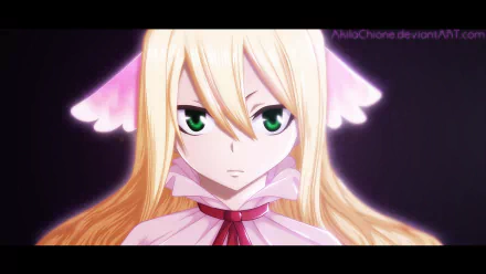HD wallpaper featuring Mavis Vermilion from the anime Fairy Tail, showcasing her striking green eyes and long blonde hair against a dark background.