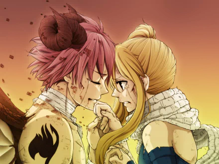 HD desktop wallpaper featuring Natsu Dragneel and Lucy Heartfilia from Fairy Tail in an intense moment, showcasing their bond. Tag: NaLu, Anime.