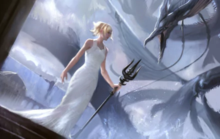 A HD desktop wallpaper featuring Lunafreya Nox Fleuret from Final Fantasy XV, holding a trident and facing Leviathan. The scene exudes fantasy elements and is beautifully detailed.